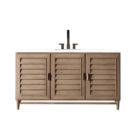 James Martin Vanities Portland 60in Single Vanity Whitewashed Walnut w/ 3 CM White Zeus Quartz Top 620-V60S-WW-3WZ